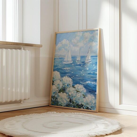 NWT Ocean with Sailboat and white Hydrangeas Art Pint Poster - Picture 3 of 10